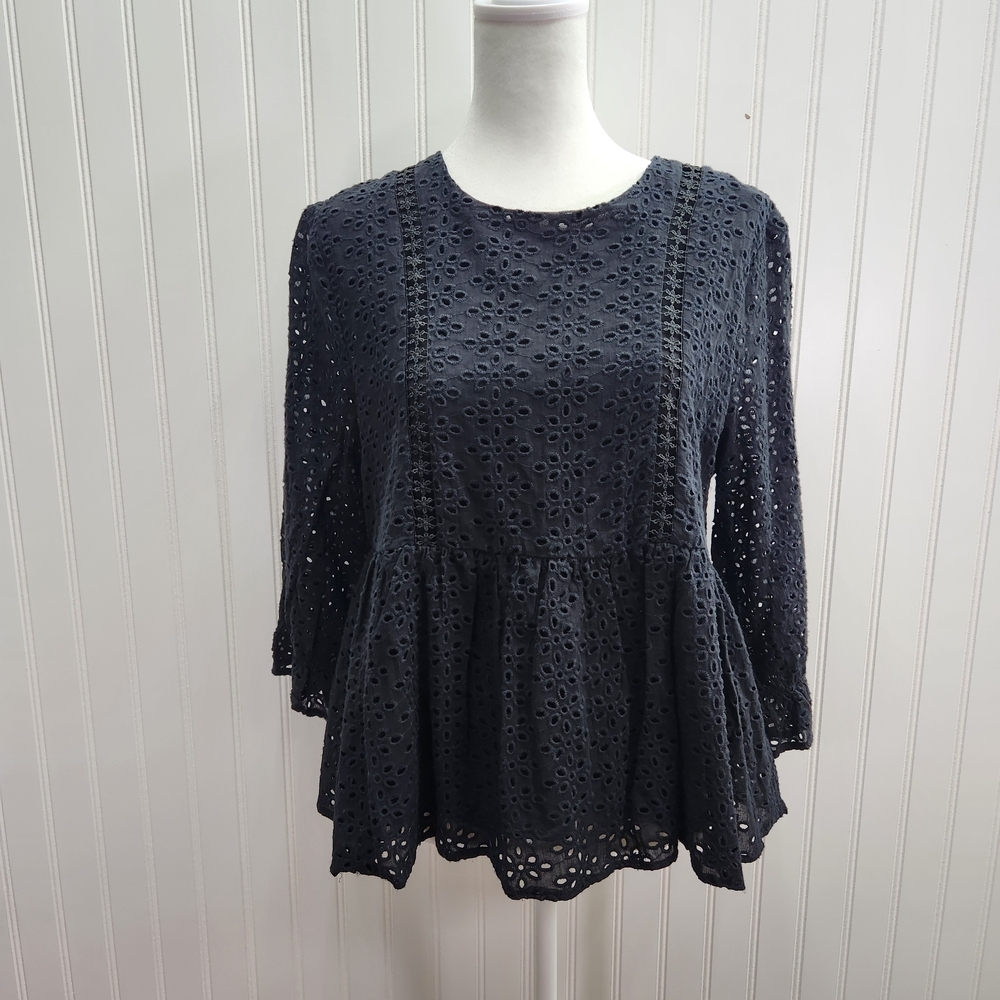 NWT Francesca's Collections Black Eyelet 3/4 Sleeve Blouse